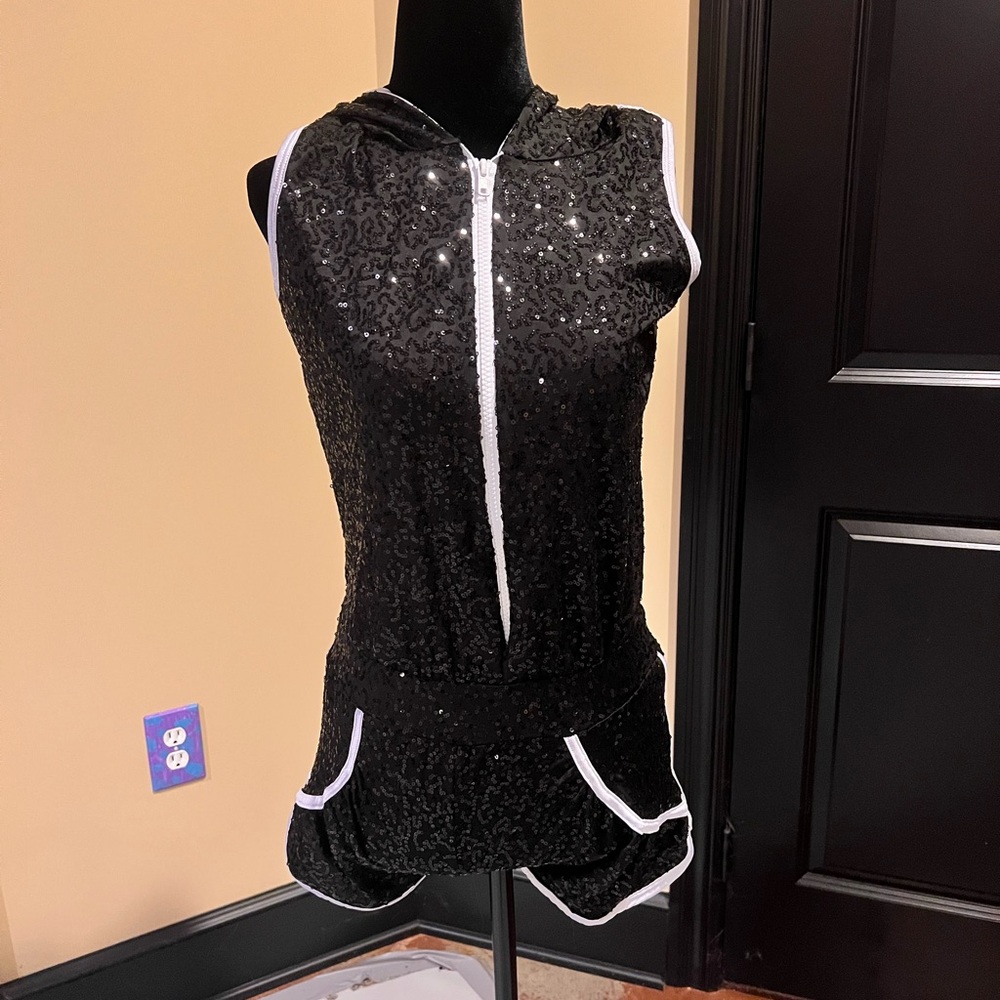 Black Sequin Sleeveless Hoodie unitard DANCE costume adult small
